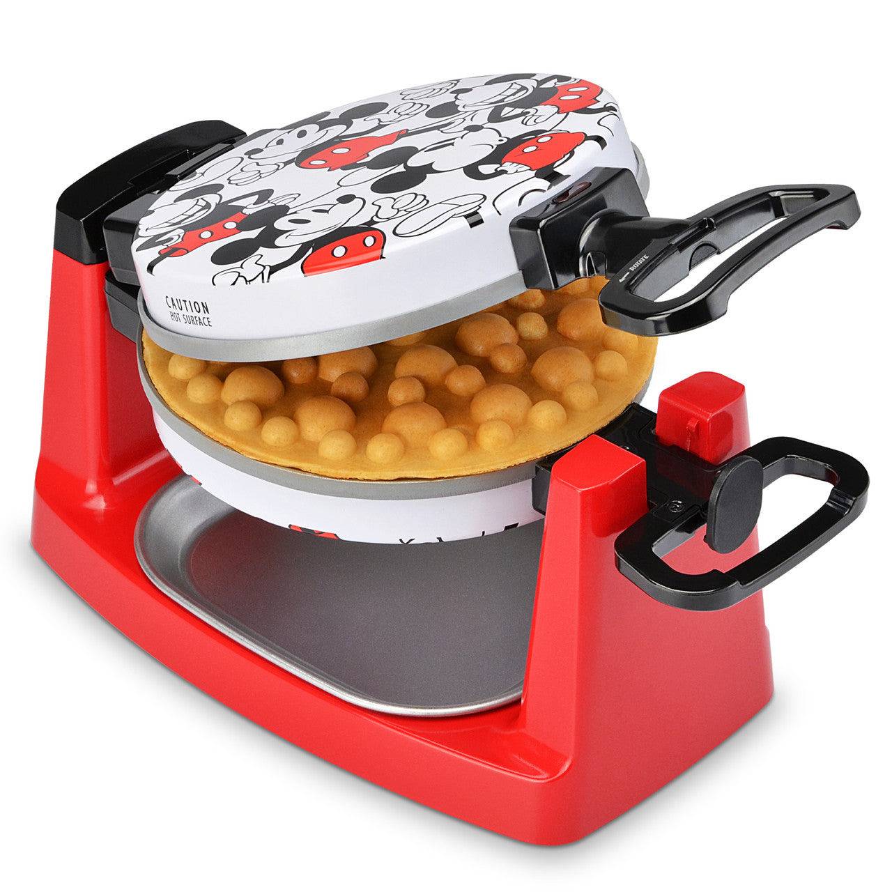 Disney Mickey Mouse Rotating Bubble Waffle Maker with red, black and white Mickey Mouse graphic slightly open with golden brown bubble waffle MIC-66 Select Brands