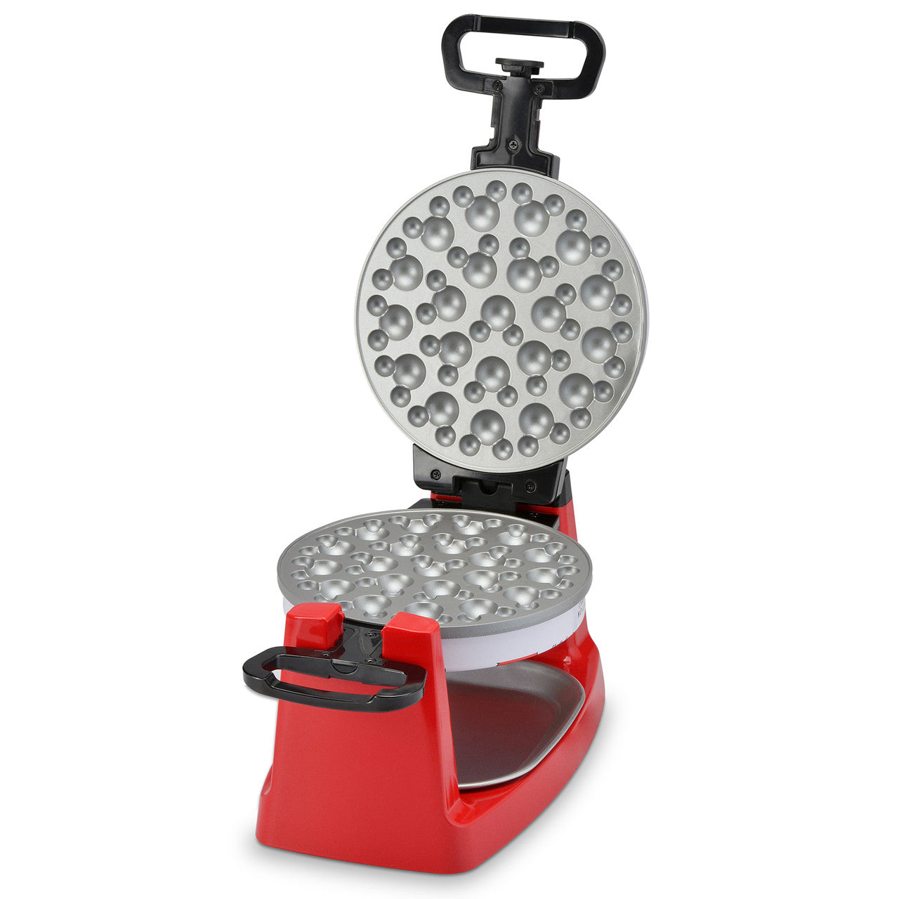 Disney Mickey Mouse Rotating Bubble Waffle Maker with red, black and white Mickey Mouse graphic open with gray nonstick coating MIC-66 Select Brands