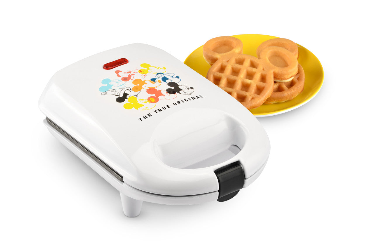 Mickey Mouse 90th mini waffle maker white with Mickey waffles on plate MIC-9 Select Brands