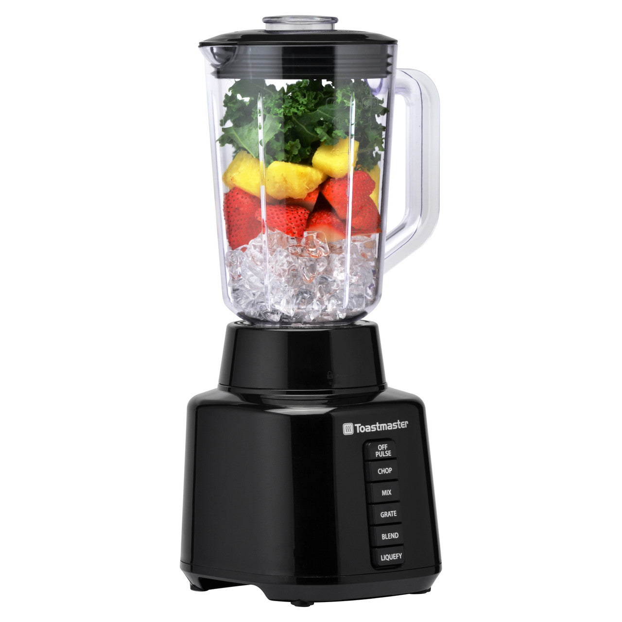 Toastmaster 450 watt 5-speed blender with plastic jar containing fruit and ice shown at angle TM-600BL Select Brands