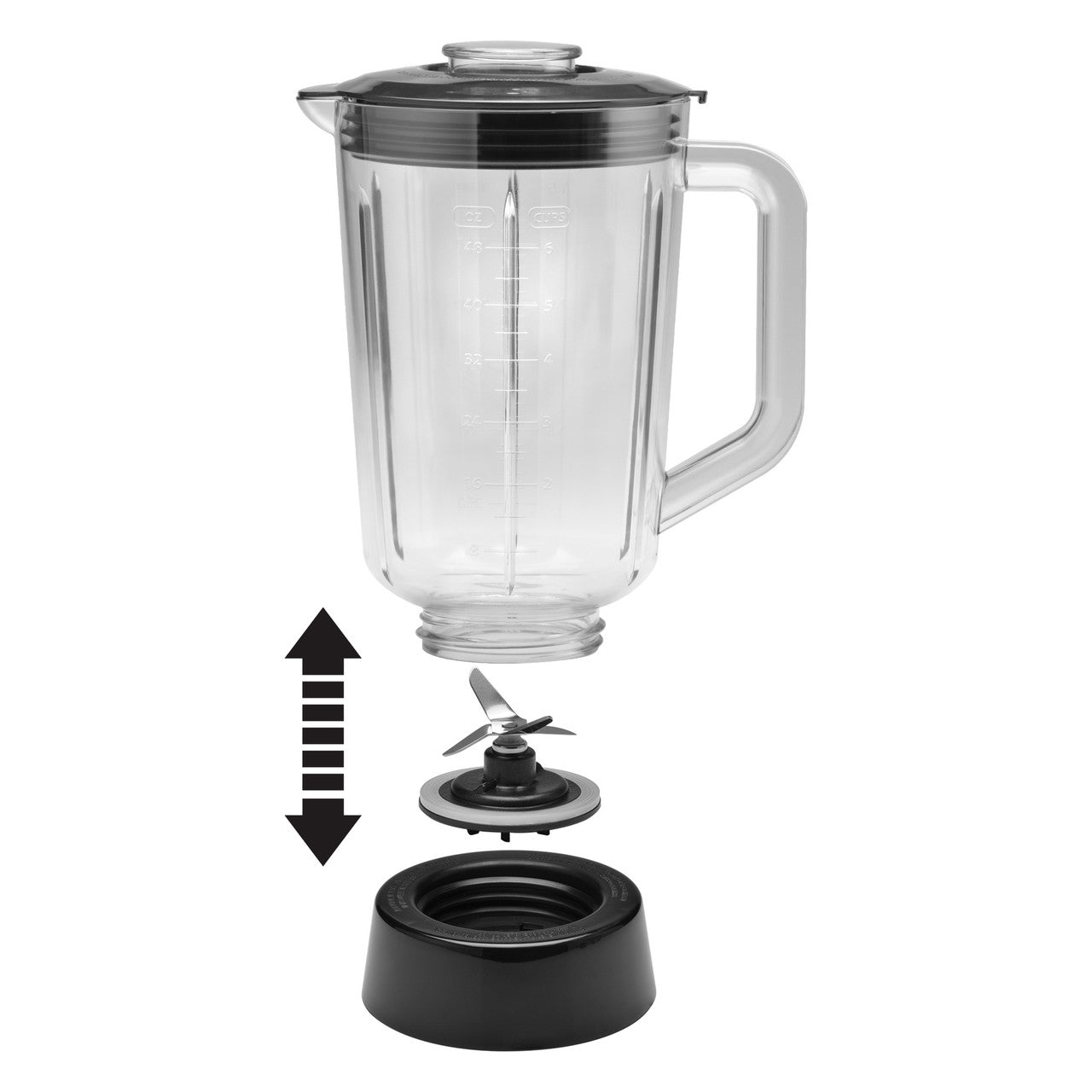 Toastmaster 450 watt 5-speed blender diagram showing plastic jar removed from stainless steel blade and separated from plastic jar collar TM-600BL Select Brands