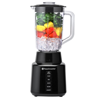 Toastmaster 450 watt 5-speed blender with plastic jar containing fruit and ice TM-600BL Select Brands