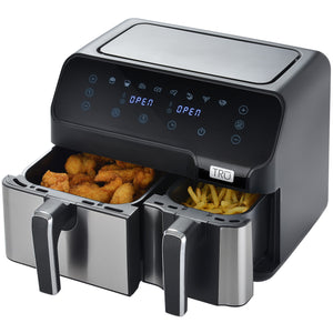 TRU 9 Quart Dual Zone 2-Basket Air Fryer open with food AF-90DB Select Brands