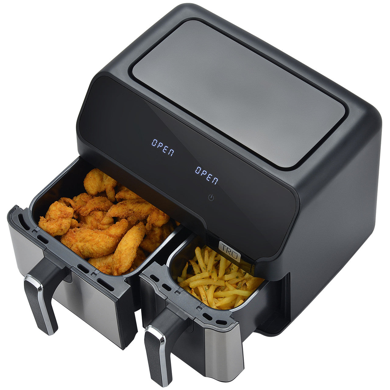 TRU 9 Quart Dual Zone 2-Basket Air Fryer open angled with food AF-90DB Select Brands