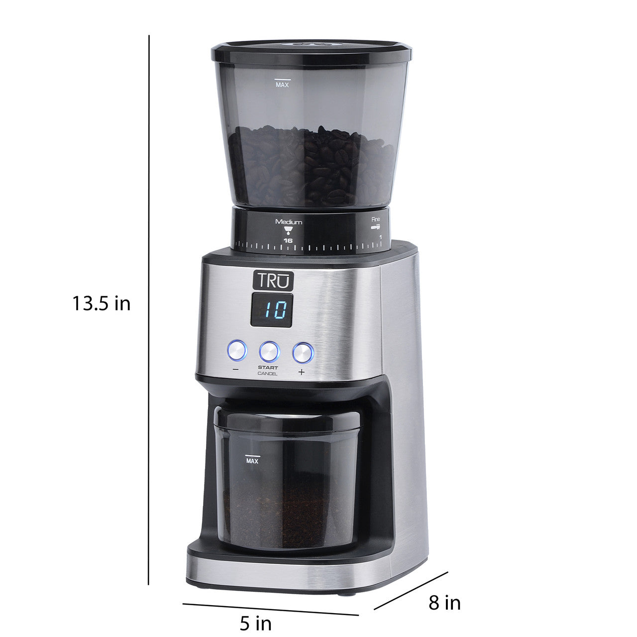 TRU Large Capacity Conical Burr Grinder image with dimensions CG-015S Select Brands