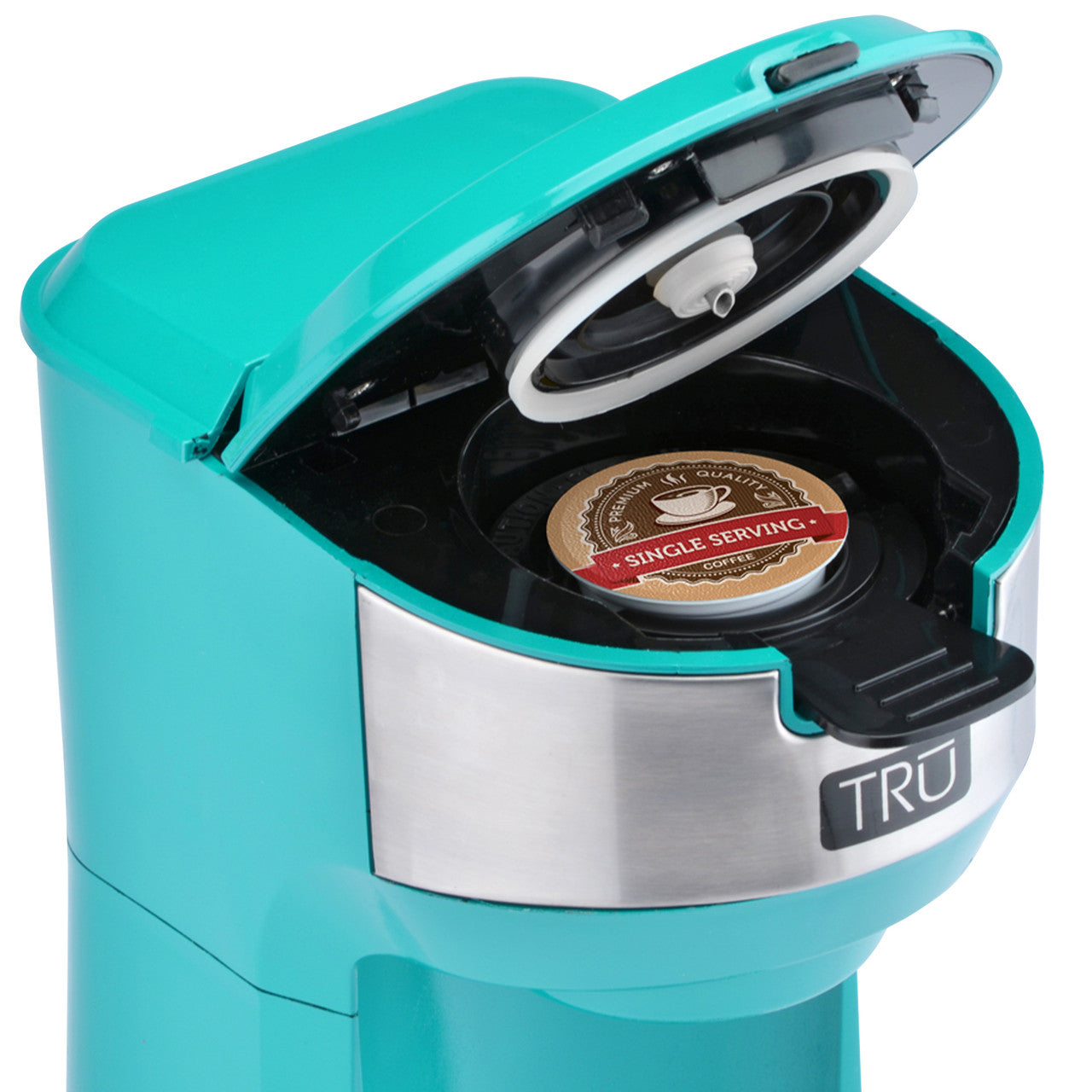 TRU single serve dual brew turquoise lid open CM-1177TQ Select Brands