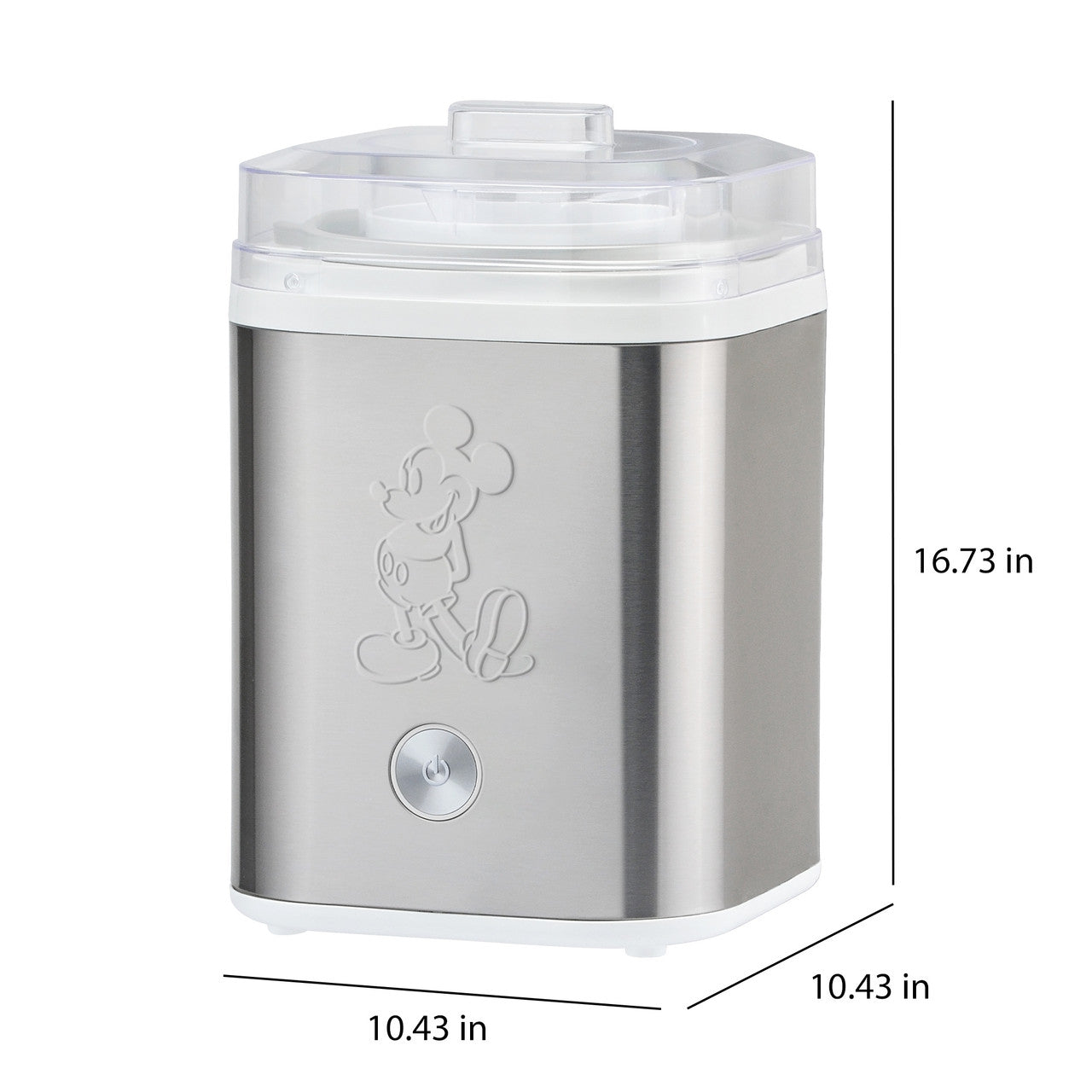 Disney Mickey Mouse 2-quart electric ice cream maker stainless steel with width, depth and height dimensions DCM-800SS Select Brands