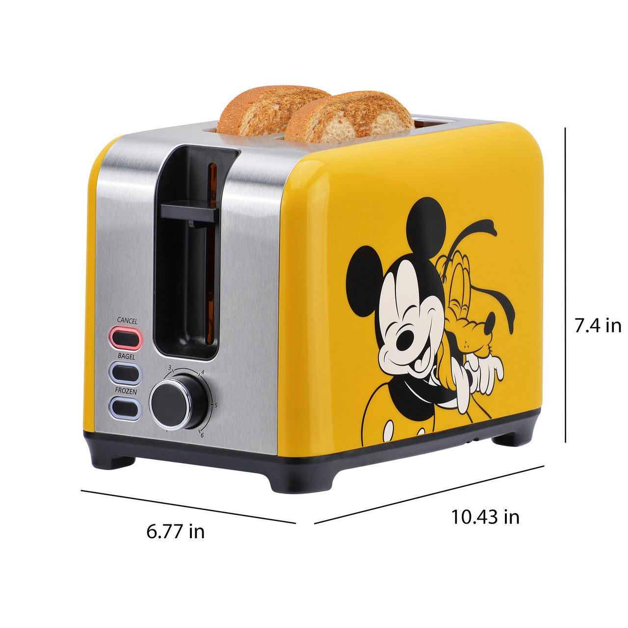 Mickey and Pluto 2-Slice Toaster in yellow with width, depth and height dimensions DSC-23 Select Brands