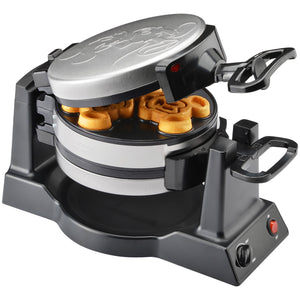 Disney Mickey Double Flip Waffle Maker stainless steel finish open with waffles MIC-63 Select Brands