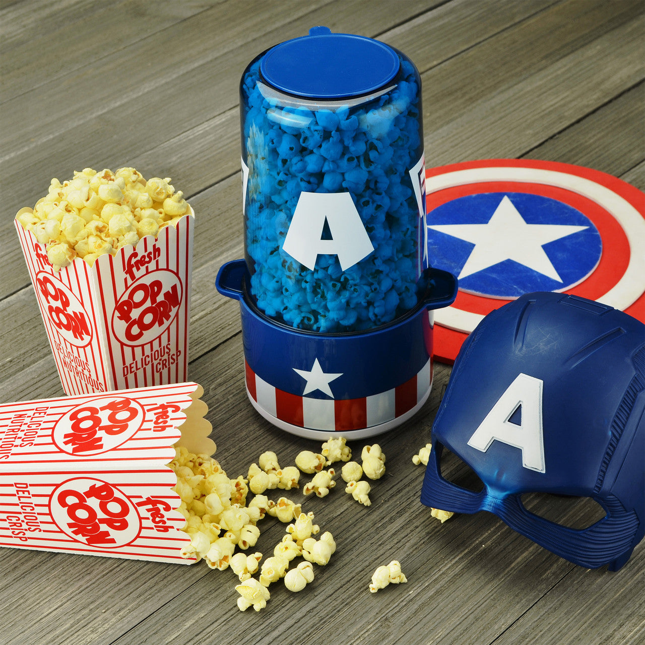 Captain America Stir Popcorn Popper lifestyle photo with popcorn MVA-60CN Select Brands