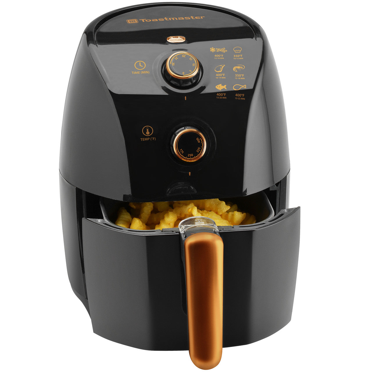 Toastmaster 1.5L (1.6 Qt) compact air fryer black and copper open fries TM-150AFCP Select Brands