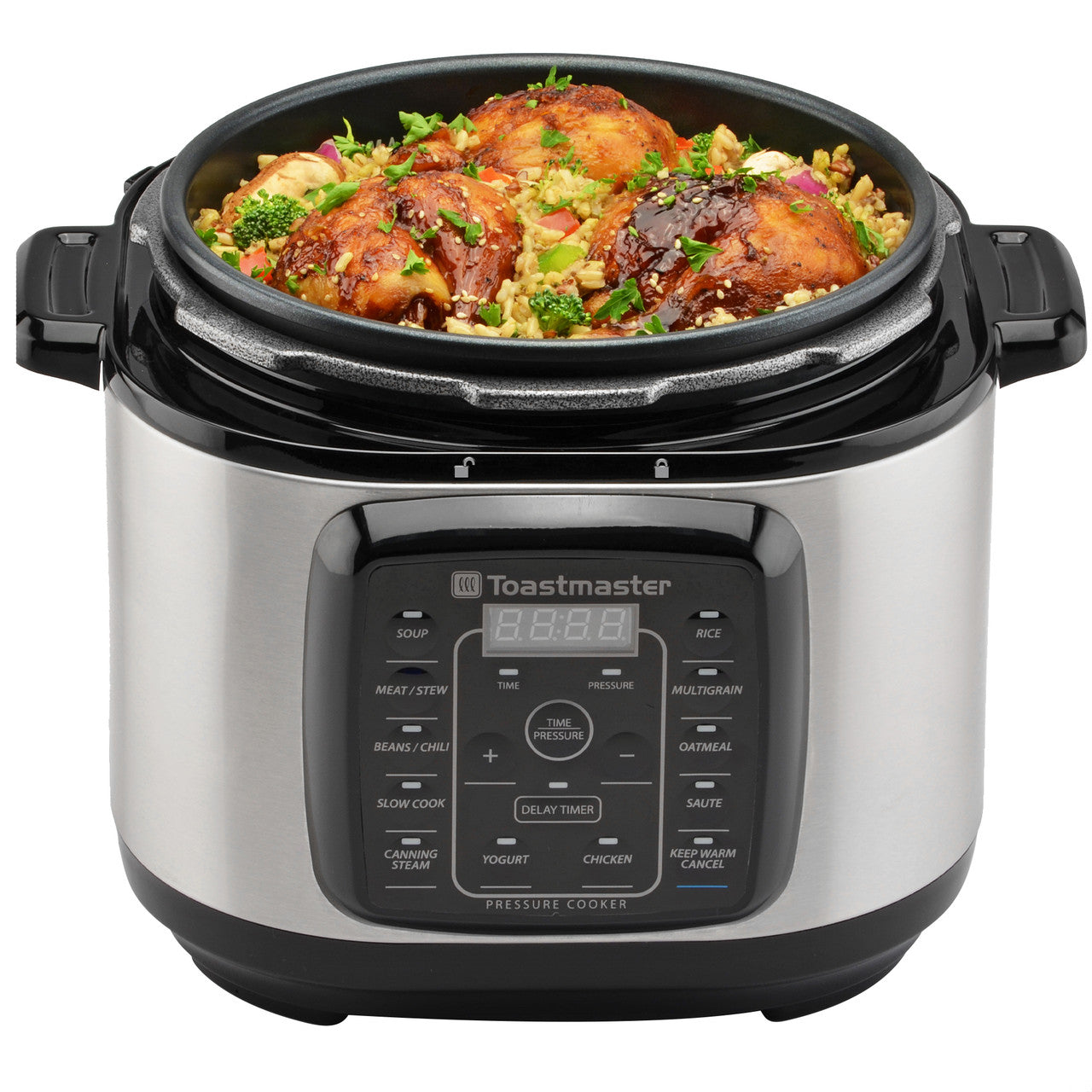 Toastmaster 6-Quart Digital Electric Pressure Cooker open with food TM-670PC Select Brands