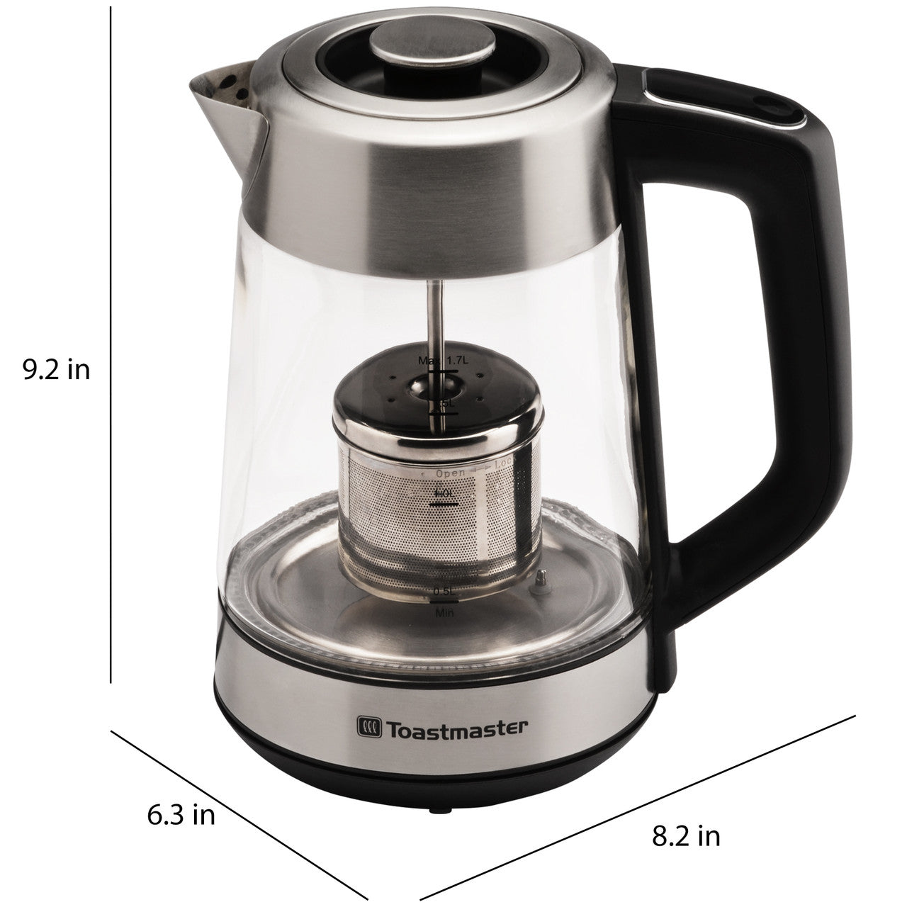 Toastmaster Electric Digital Kettle glass and stainless width, depth, height dimensions TM-798KE Select Brands